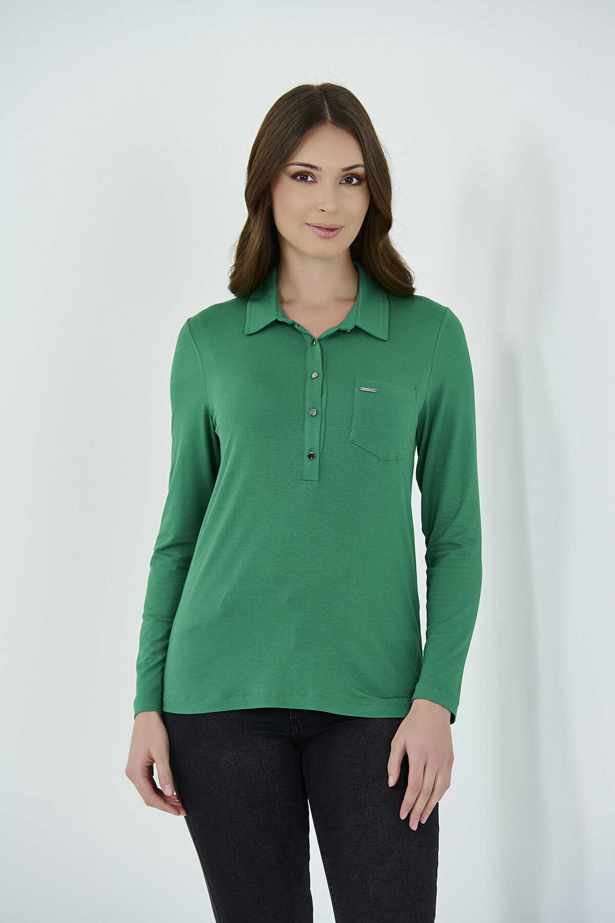 10312 Polo Yaka Uzun Kol Örme Bluz