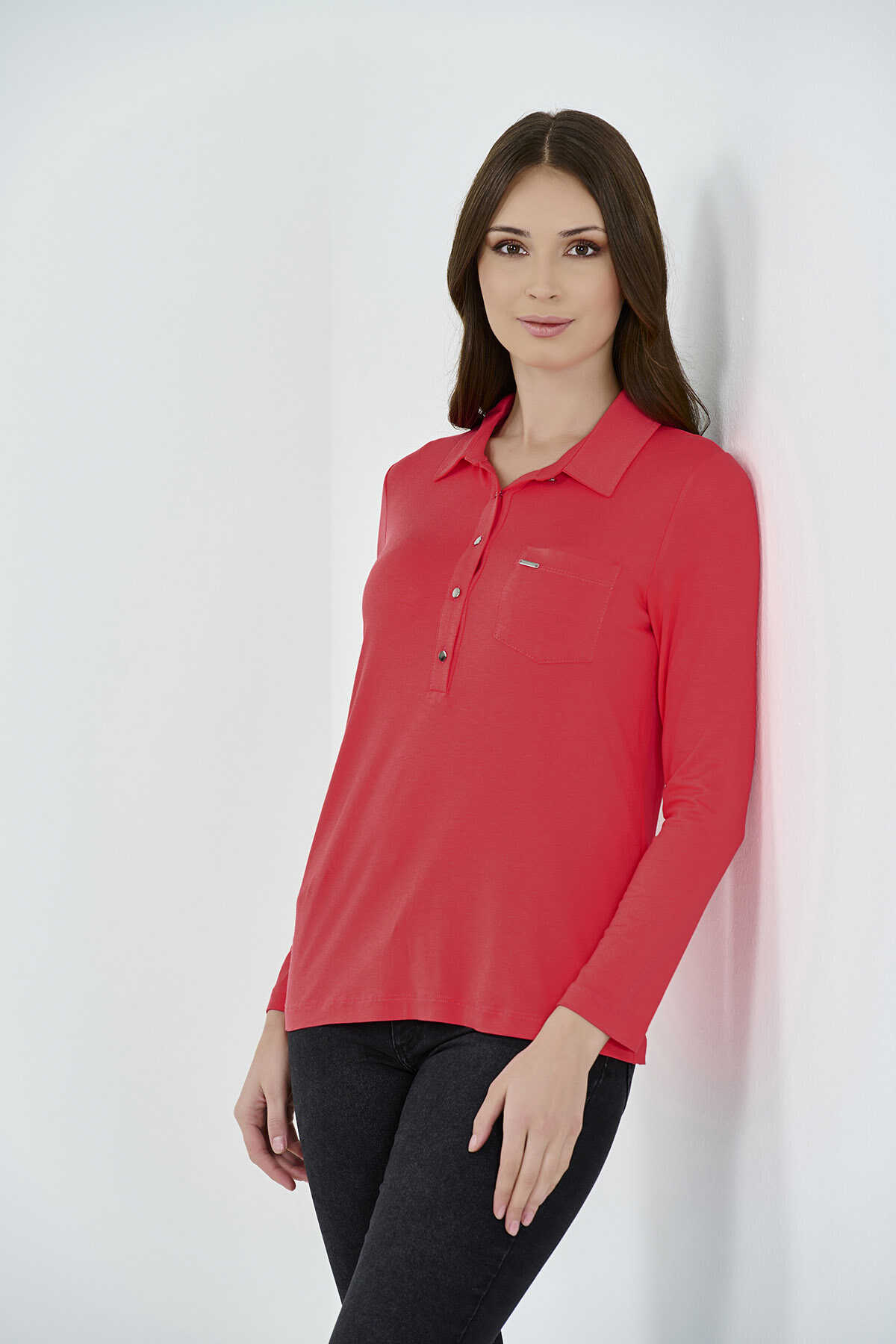 10312 Polo Yaka Uzun Kol Örme Bluz