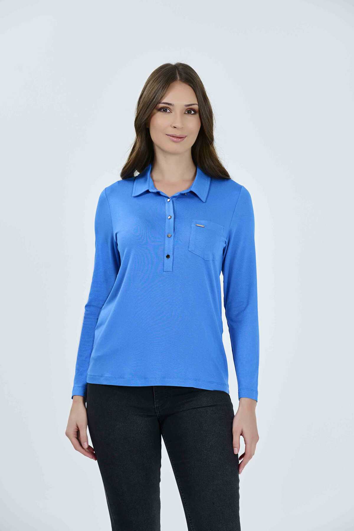 10312 Polo Yaka Uzun Kol Örme Bluz