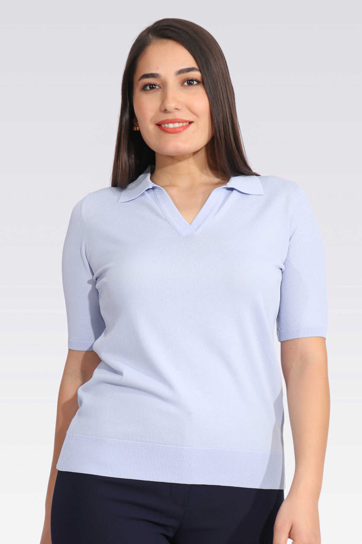 10388 Polo Yaka Kısa Kol Triko Bluz