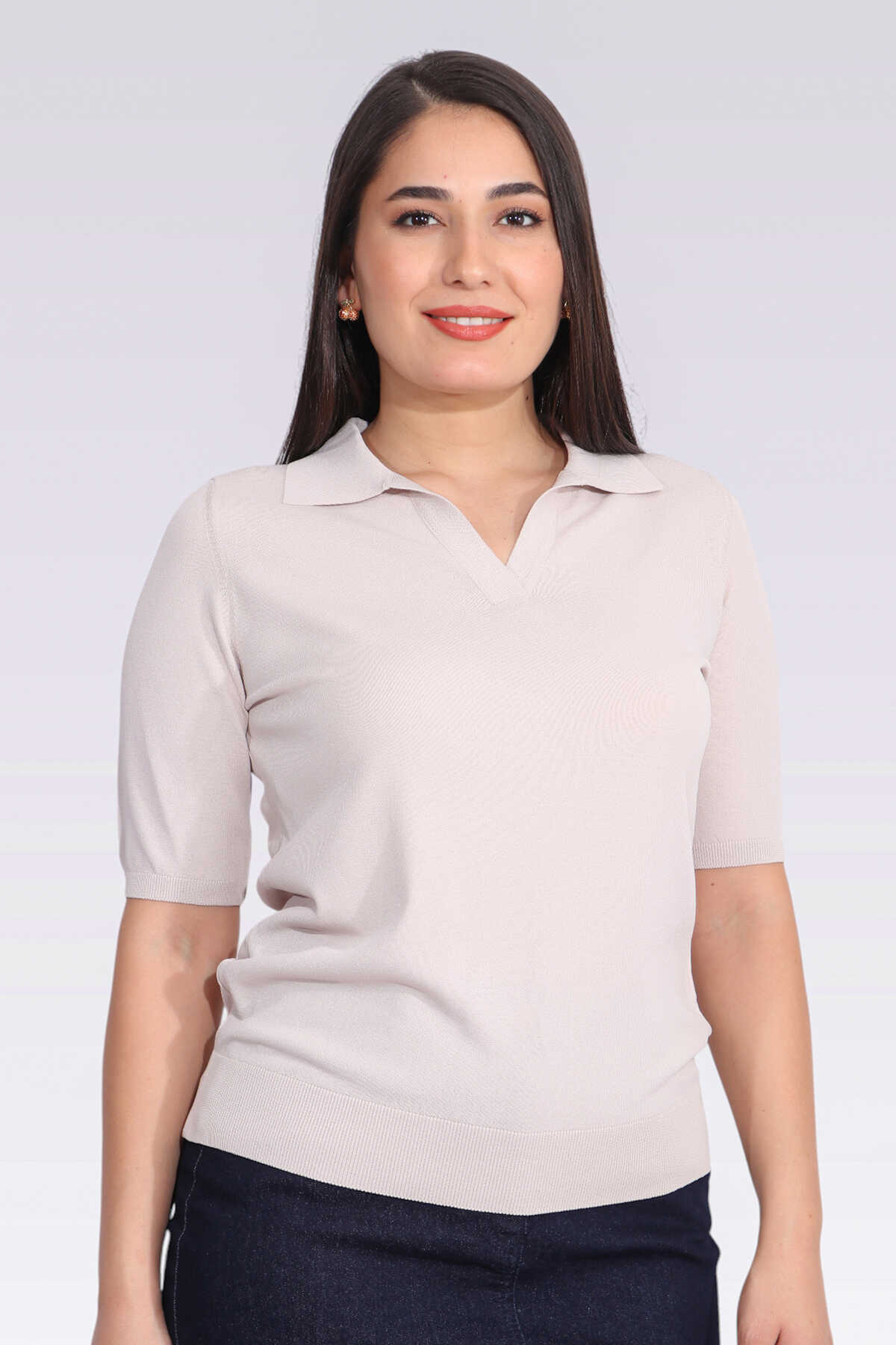 10388 Polo Yaka Kısa Kol Triko Bluz