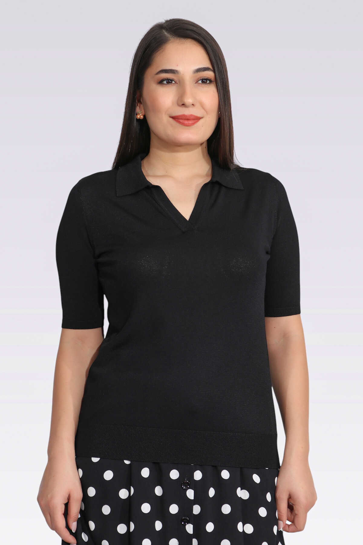 10388 Polo Yaka Kısa Kol Triko Bluz