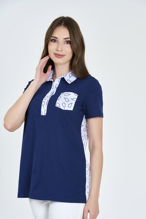 10449 ŞAL DESEN DETAYLI KISA KOL PİKE ÖRME BLUZ - 2