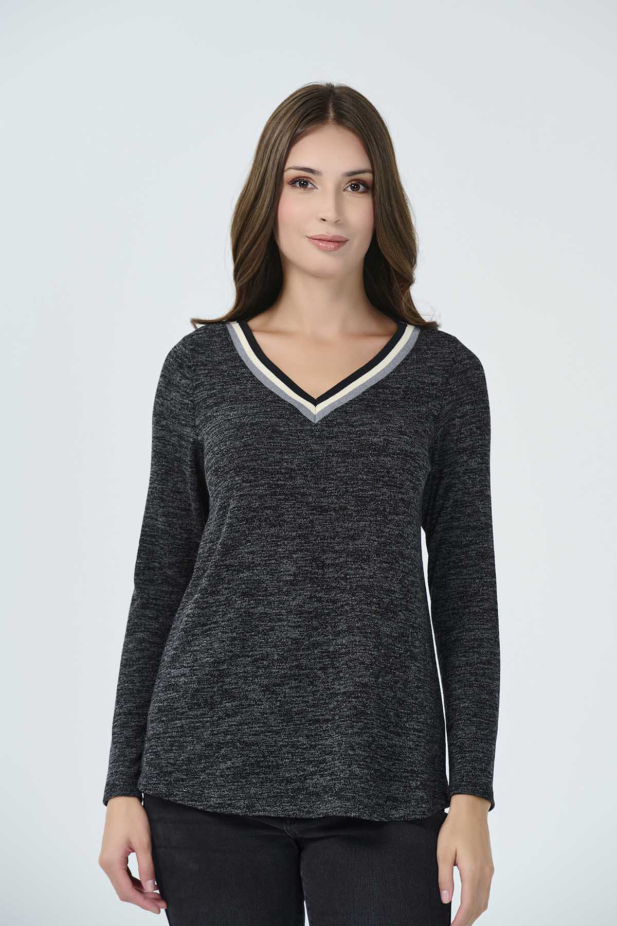 10493 Şerit Detaylı Örme Bluz