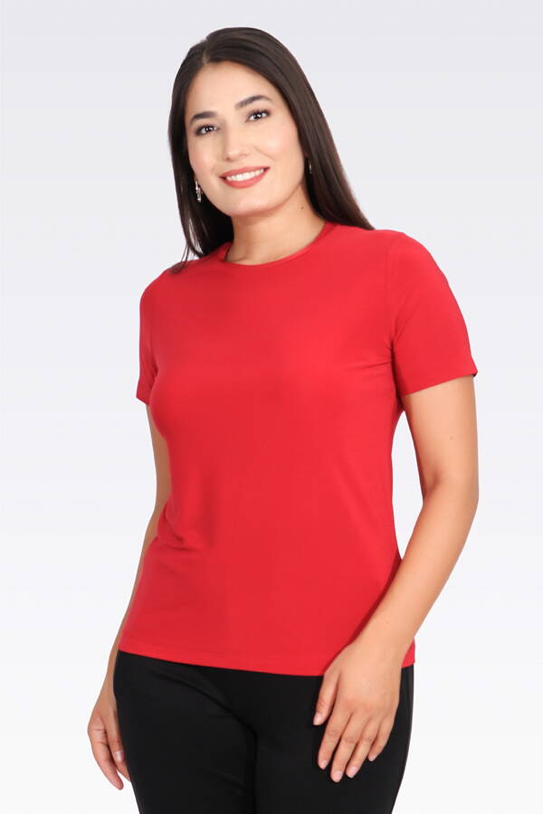 10693 BİSİKLET YAKA KISA KOL ŞIK KUMAŞ ÖRME BLUZ