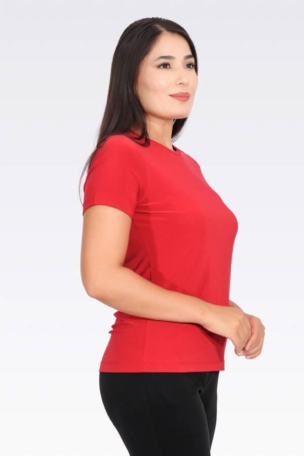 10693 BİSİKLET YAKA KISA KOL ŞIK KUMAŞ ÖRME BLUZ