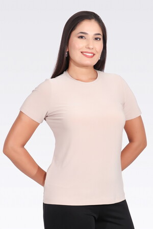 10693 BİSİKLET YAKA KISA KOL ŞIK KUMAŞ ÖRME BLUZ - 1