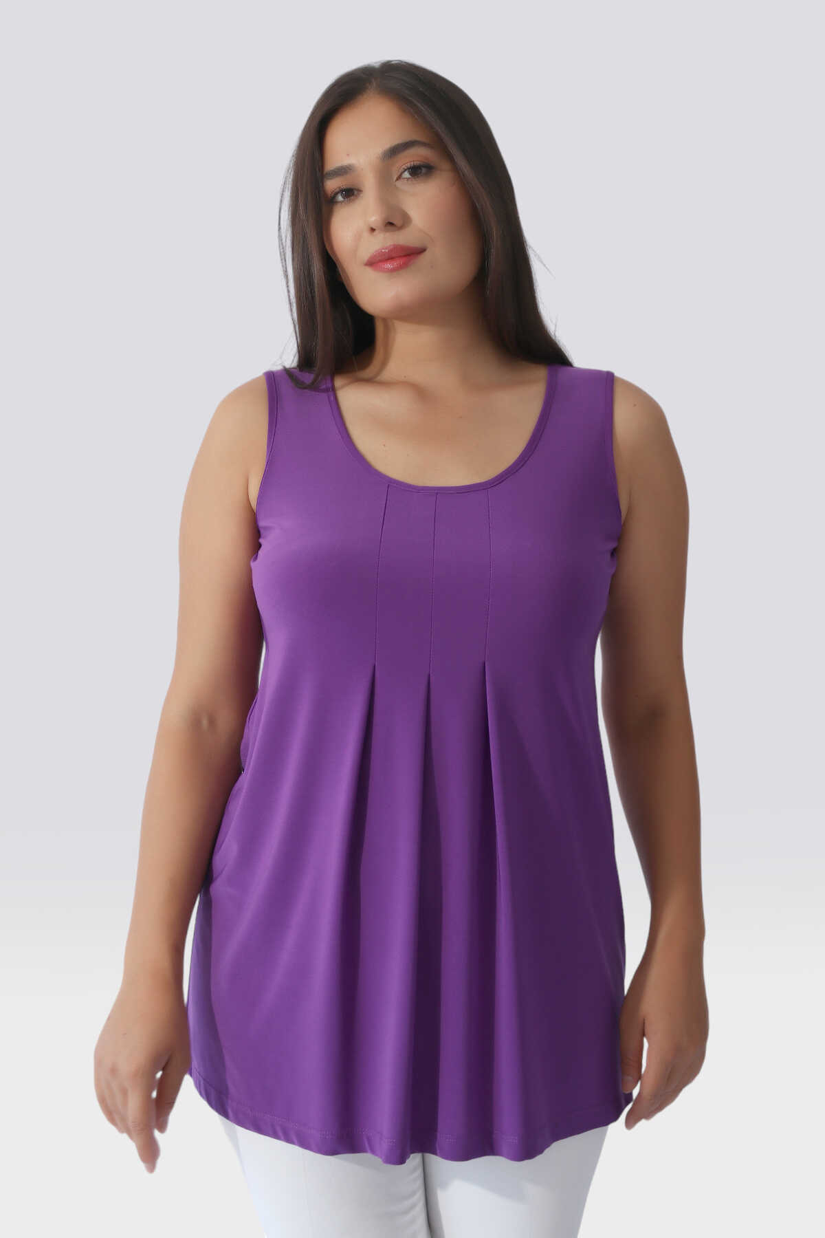 10723 Pile Detaylı Kolsuz Örme Tunik