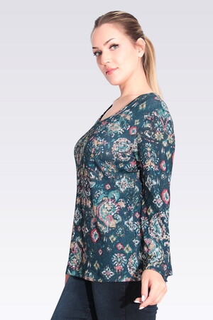 10738 YUVARLAK YAKA DESENLİ TRİKO BLUZ - Thumbnail