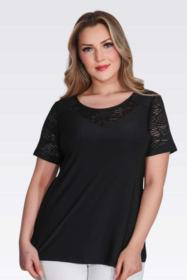 10739 FLOK KUMAŞ DETAYLI KISA KOLLU ÖRME BLUZ