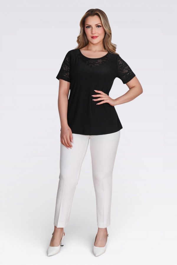 10739 FLOK KUMAŞ DETAYLI KISA KOLLU ÖRME BLUZ