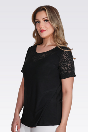 10739 FLOK KUMAŞ DETAYLI KISA KOLLU ÖRME BLUZ - Thumbnail