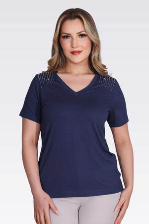 TOLGA SARAÇOĞLU - 10744 TAŞ BASKILI V YAKA KISA KOL ÖRME BLUZ