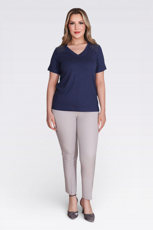 10744 TAŞ BASKILI V YAKA KISA KOL ÖRME BLUZ - Thumbnail