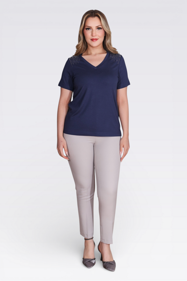 10744 TAŞ BASKILI V YAKA KISA KOL ÖRME BLUZ