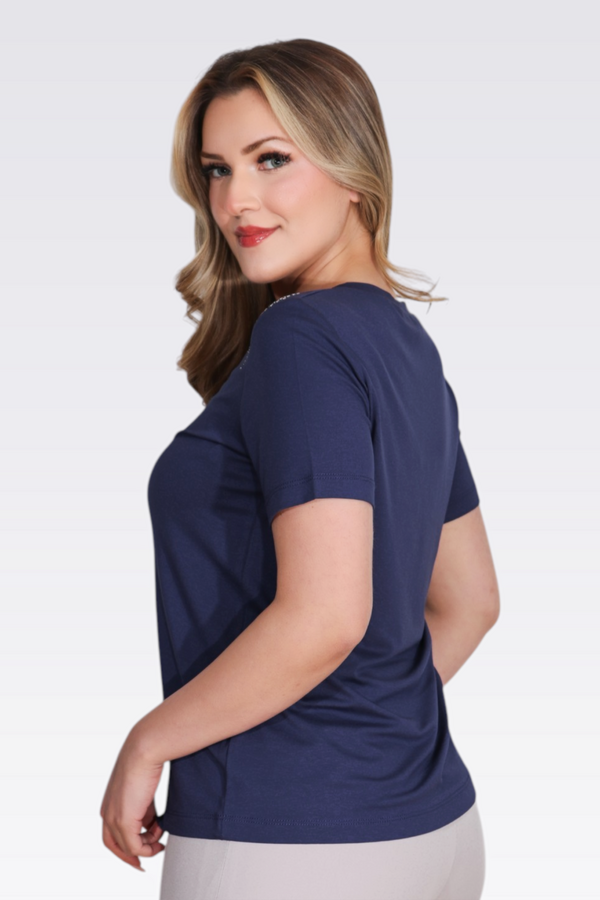 10744 TAŞ BASKILI V YAKA KISA KOL ÖRME BLUZ