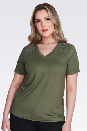 TOLGA SARAÇOĞLU - 10744 TAŞ BASKILI V YAKA KISA KOL ÖRME BLUZ