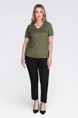 10744 TAŞ BASKILI V YAKA KISA KOL ÖRME BLUZ - Thumbnail