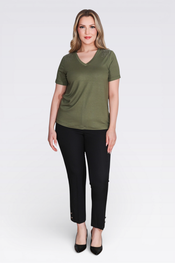 10744 TAŞ BASKILI V YAKA KISA KOL ÖRME BLUZ