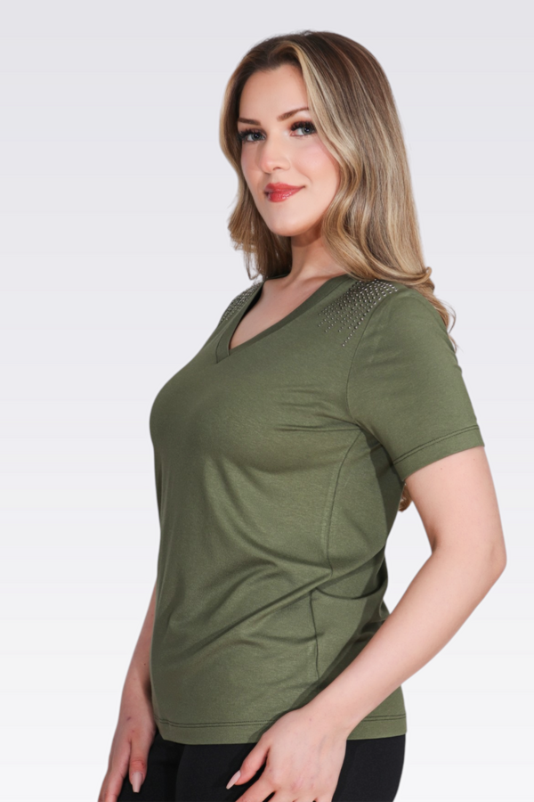 10744 TAŞ BASKILI V YAKA KISA KOL ÖRME BLUZ