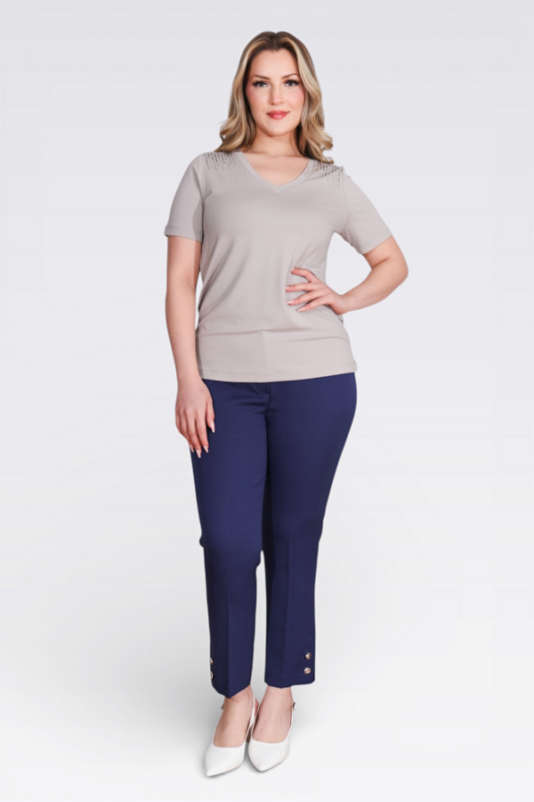 10744 TAŞ BASKILI V YAKA KISA KOL ÖRME BLUZ