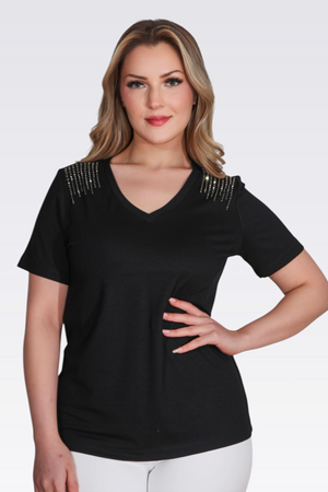 TOLGA SARAÇOĞLU - 10744 TAŞ BASKILI V YAKA KISA KOL ÖRME BLUZ