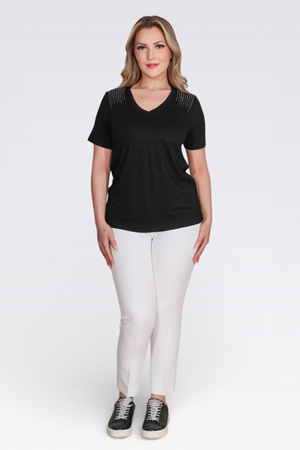 10744 TAŞ BASKILI V YAKA KISA KOL ÖRME BLUZ - Thumbnail