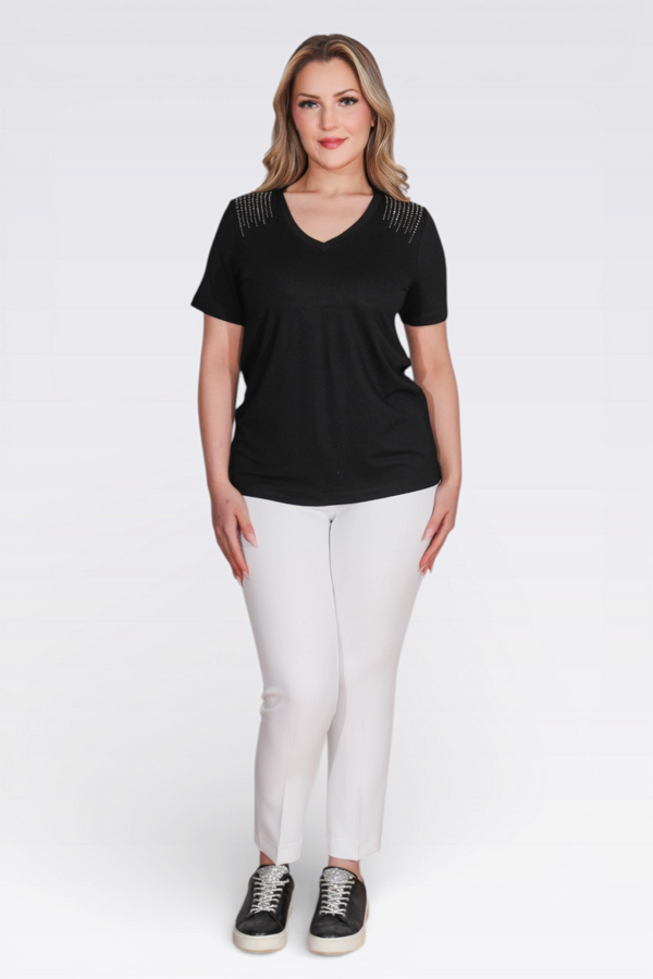 10744 TAŞ BASKILI V YAKA KISA KOL ÖRME BLUZ