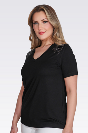 10744 TAŞ BASKILI V YAKA KISA KOL ÖRME BLUZ - Thumbnail