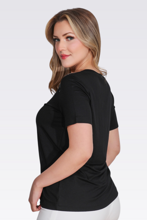 10744 TAŞ BASKILI V YAKA KISA KOL ÖRME BLUZ