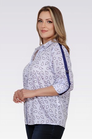 10804 ŞERİT DETAYLI PAMUK KUMAŞ ŞAL DESENLİ GÖMLEK - Thumbnail