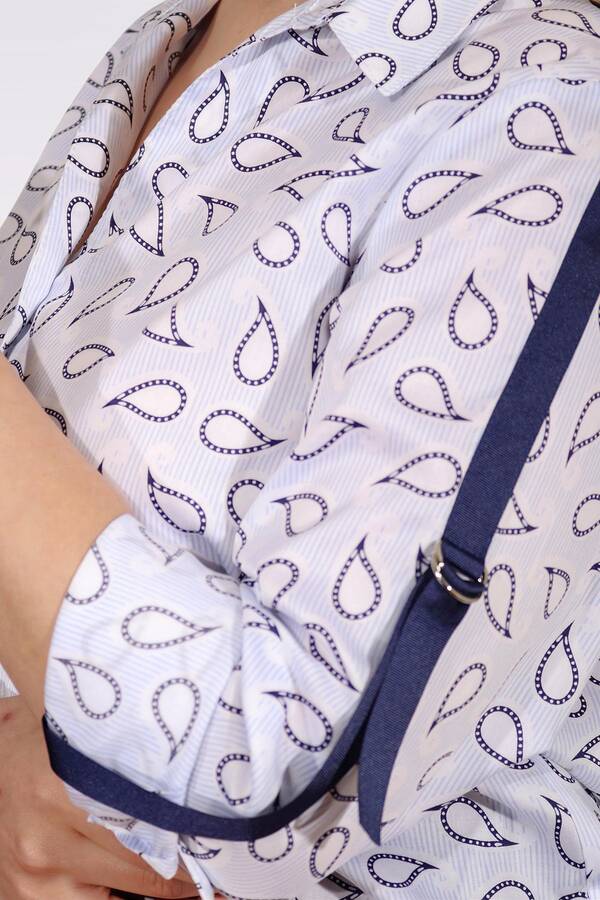 10804 ŞERİT DETAYLI PAMUK KUMAŞ ŞAL DESENLİ GÖMLEK