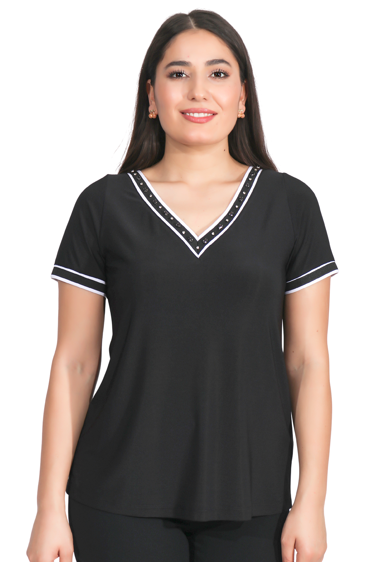 10942 Şerit Detaylı Taş İşli Şık Bluz