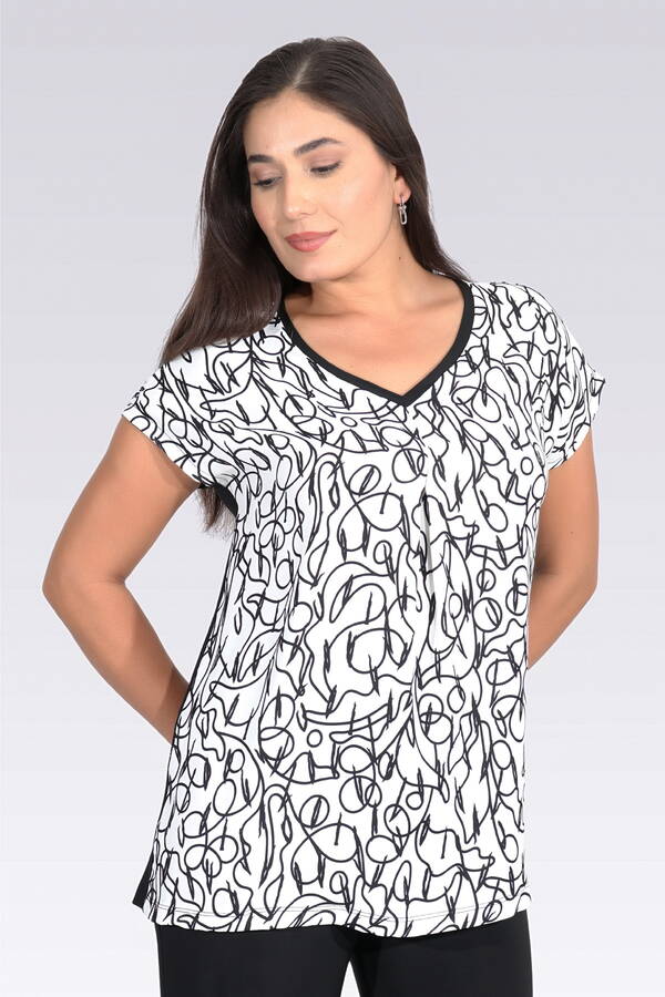 10994 ÖNÜ DESENLİ RAHAT KESİM BLUZ