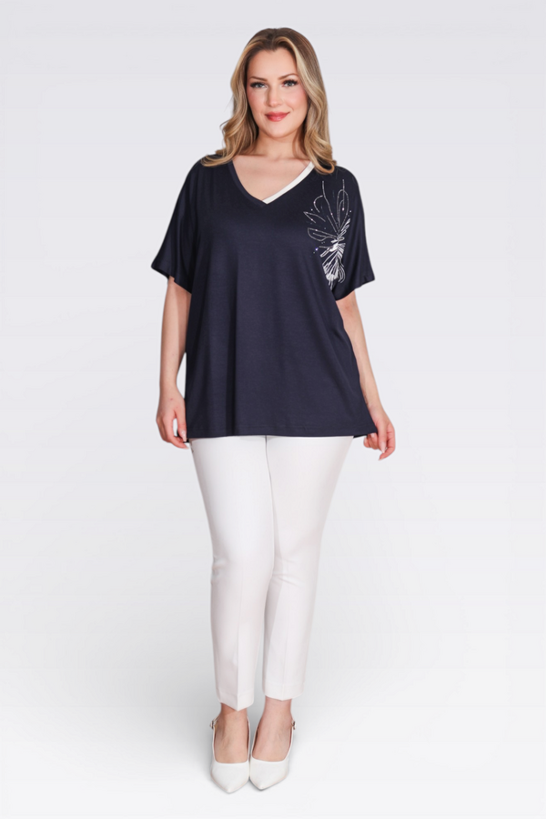 11058 V YAKA TAŞ BASKLI ŞIK ÖRME BLUZ