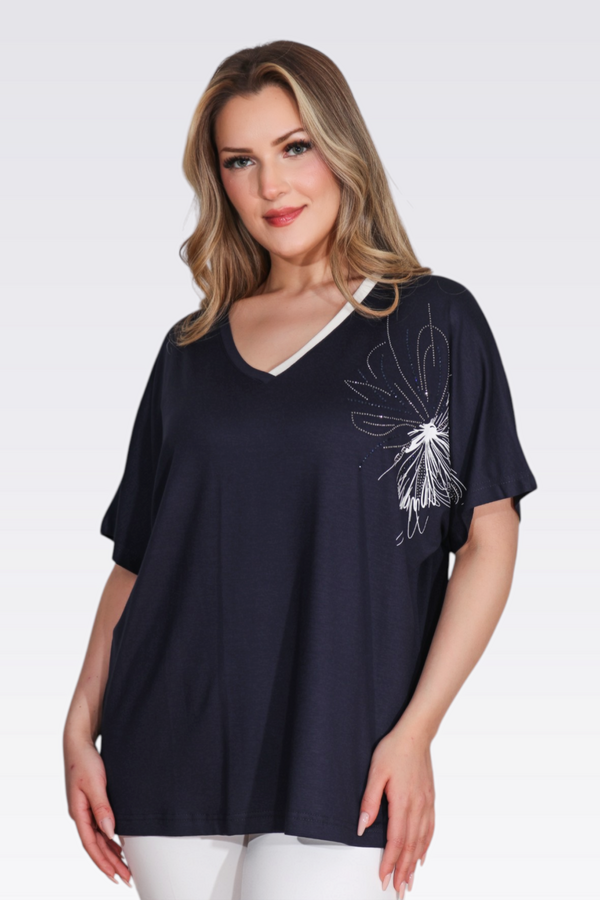 11058 V YAKA TAŞ BASKLI ŞIK ÖRME BLUZ