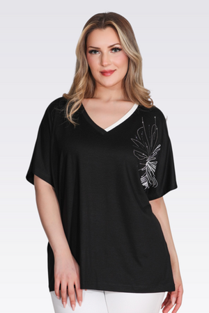 TOLGA SARAÇOĞLU - 11058 V YAKA TAŞ BASKLI ŞIK ÖRME BLUZ