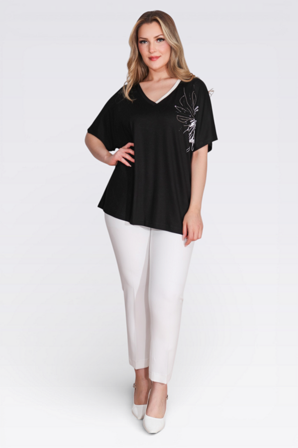 11058 V YAKA TAŞ BASKLI ŞIK ÖRME BLUZ