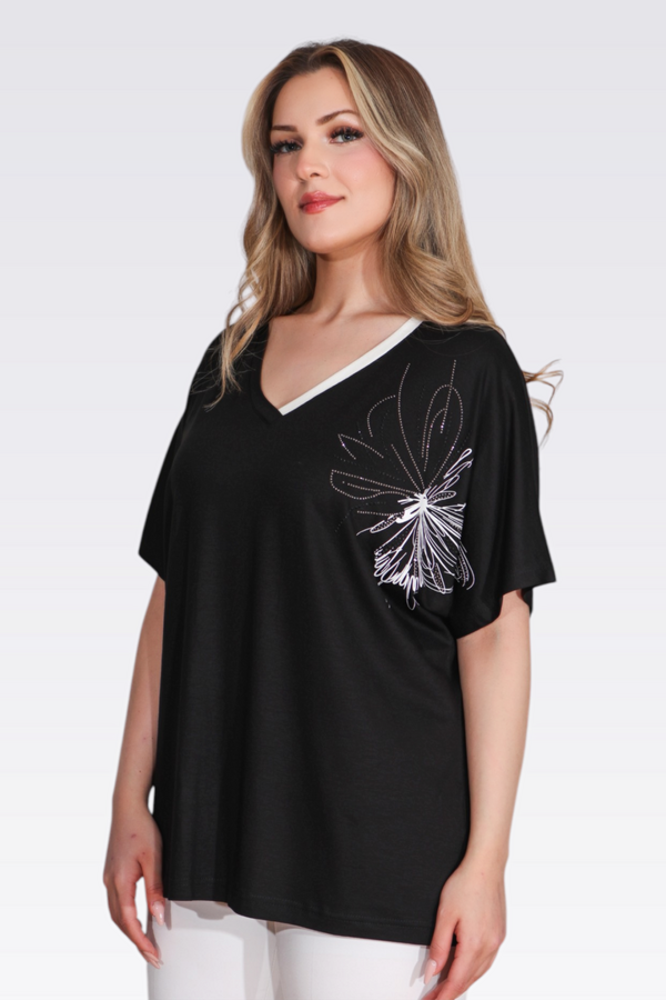 11058 V YAKA TAŞ BASKLI ŞIK ÖRME BLUZ