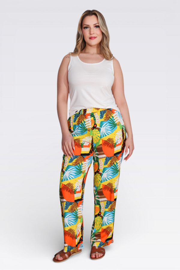 30109 BELİ LASTİKLİ RAHAT KESİM BORU PAÇA DESENLİ PANTOLON