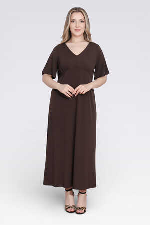  - 40194 BÜZGÜ DETAYLI VOLAN KOL ŞIK UZUN ELBİSE