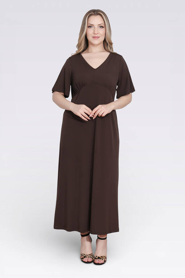 40194 BÜZGÜ DETAYLI VOLAN KOL ŞIK UZUN ELBİSE