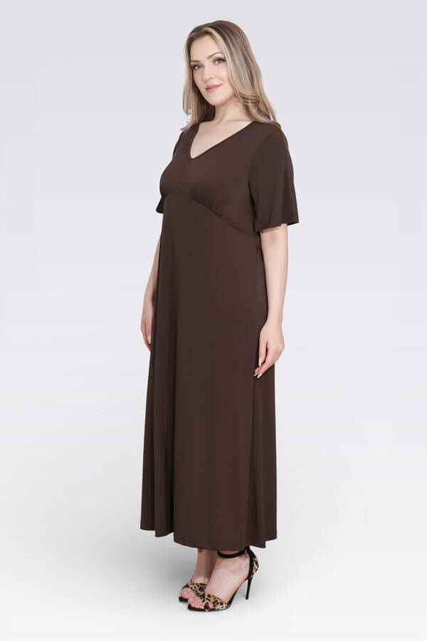 40194 BÜZGÜ DETAYLI VOLAN KOL ŞIK UZUN ELBİSE