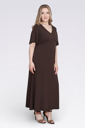 40194 BÜZGÜ DETAYLI VOLAN KOL ŞIK UZUN ELBİSE - Thumbnail