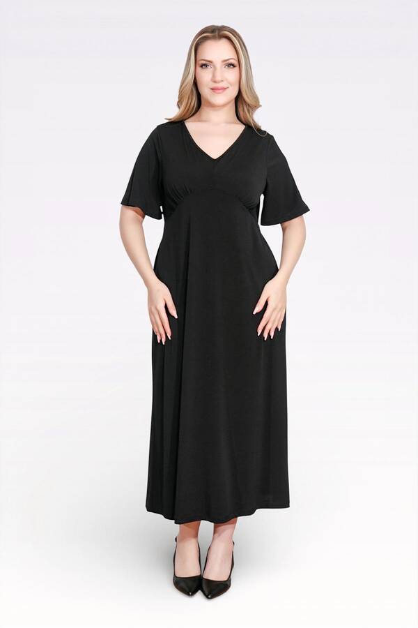 40194 BÜZGÜ DETAYLI VOLAN KOL ŞIK UZUN ELBİSE