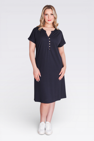 TOLGA SARAÇOĞLU - 40198 DÜĞME DETAYLI DÜŞÜK KOL RAHAT KESİM ÖRME ELBİSE