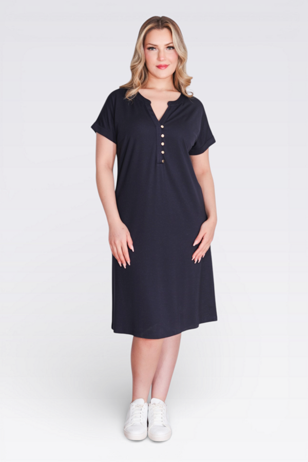 40198 DÜĞME DETAYLI DÜŞÜK KOL RAHAT KESİM ÖRME ELBİSE