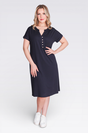 40198 DÜĞME DETAYLI DÜŞÜK KOL RAHAT KESİM ÖRME ELBİSE - Thumbnail