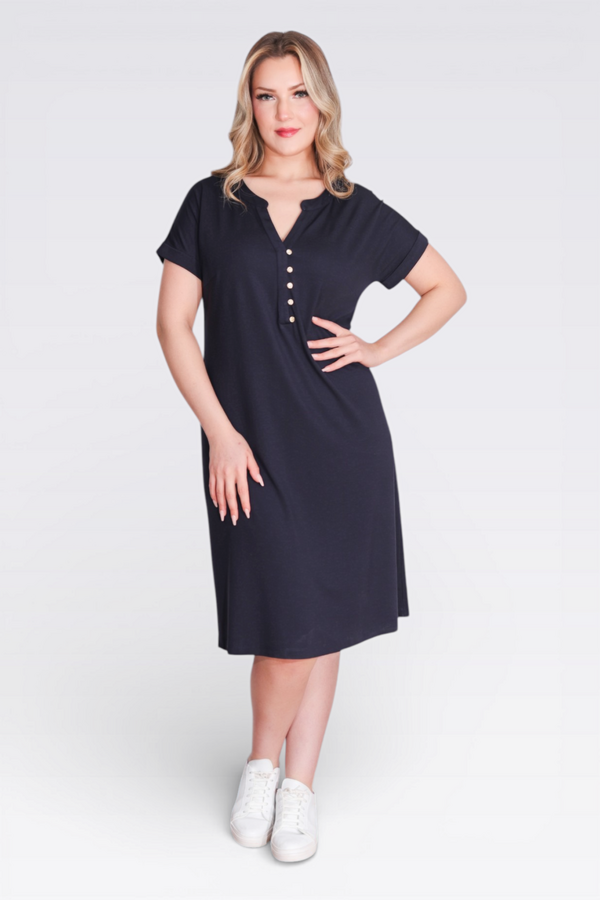 40198 DÜĞME DETAYLI DÜŞÜK KOL RAHAT KESİM ÖRME ELBİSE