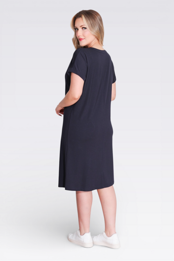 40198 DÜĞME DETAYLI DÜŞÜK KOL RAHAT KESİM ÖRME ELBİSE